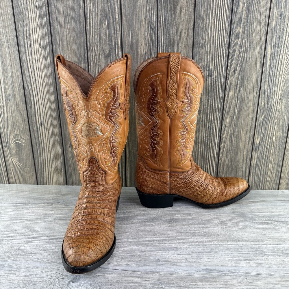 El General Mens Cowboy Boots Size 7 US 26 MX Brown Armadillo Embossed Leather